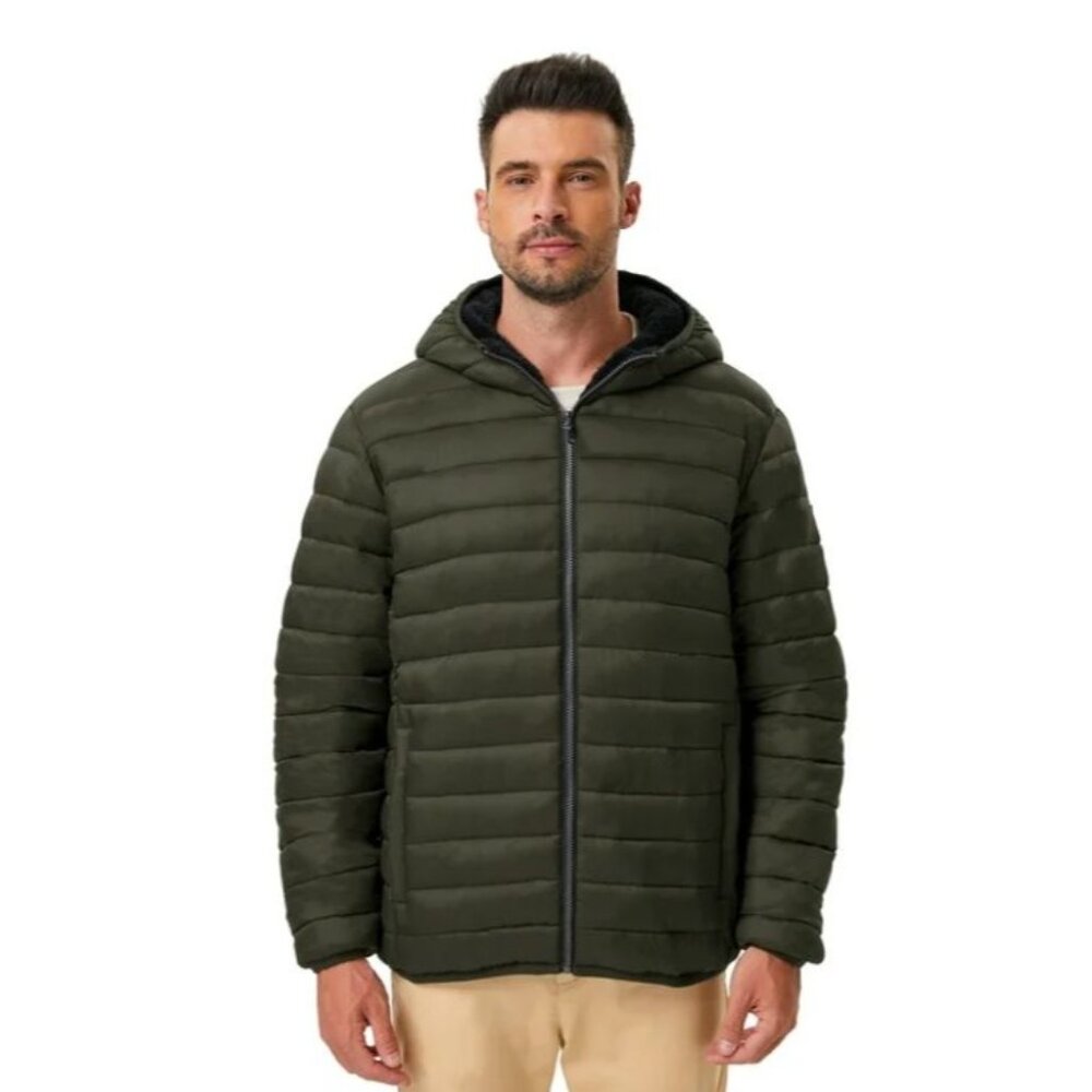 Men's Olive Puffer Hooded Jacket - Lightweight Quilted Coat